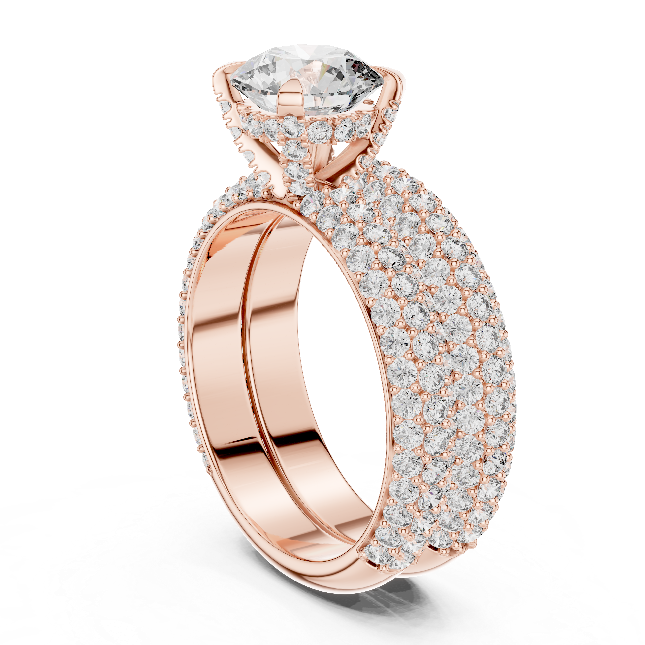 Rose gold ring with a large diamond and smaller diamonds on the band against a white background